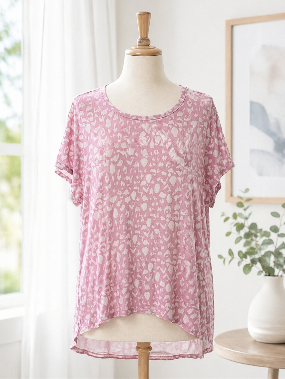 Ellen Tracy Pink Leopard Print Top XXL Plus | Flowy Lightweight Sheer Hem Blouse